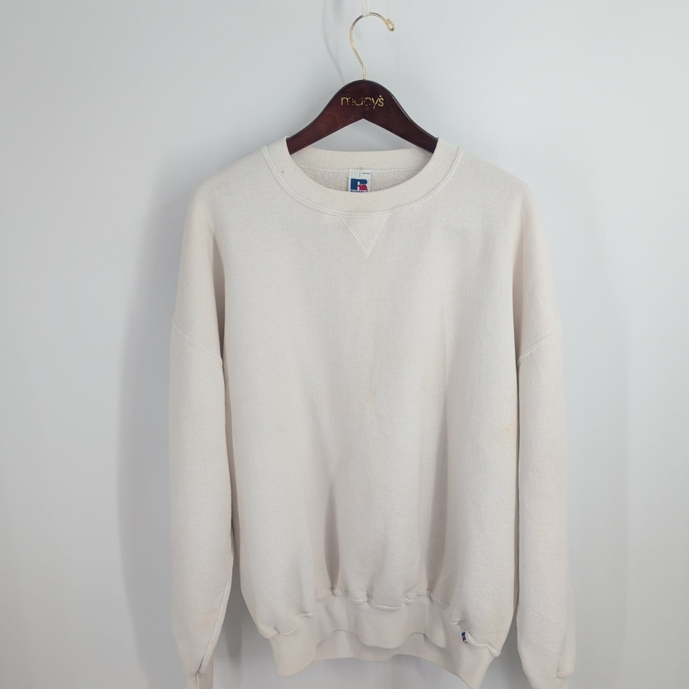 Vtg 90s Thrashed Russell Athletic  Crew Neck Pullover Sweatshirt Cream SZ 2XL‎